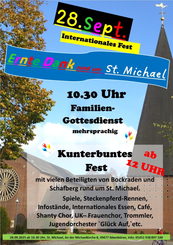 Plakat und Flyer Intern. Erntedankfest rund um St. Michael 28.9.2025 10.30